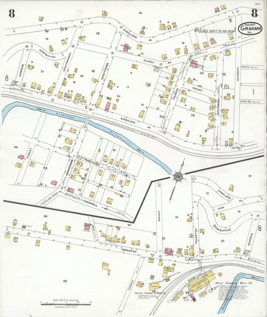 Sanborn Fire Insurance Map from Graham, Tazewell County, Virginia (1923), Sheet #0008 - Historic Sanborn Fire Insurance Map Print, vintage old map wall art, antique decor, genealogy gift, Virginia Virginia map