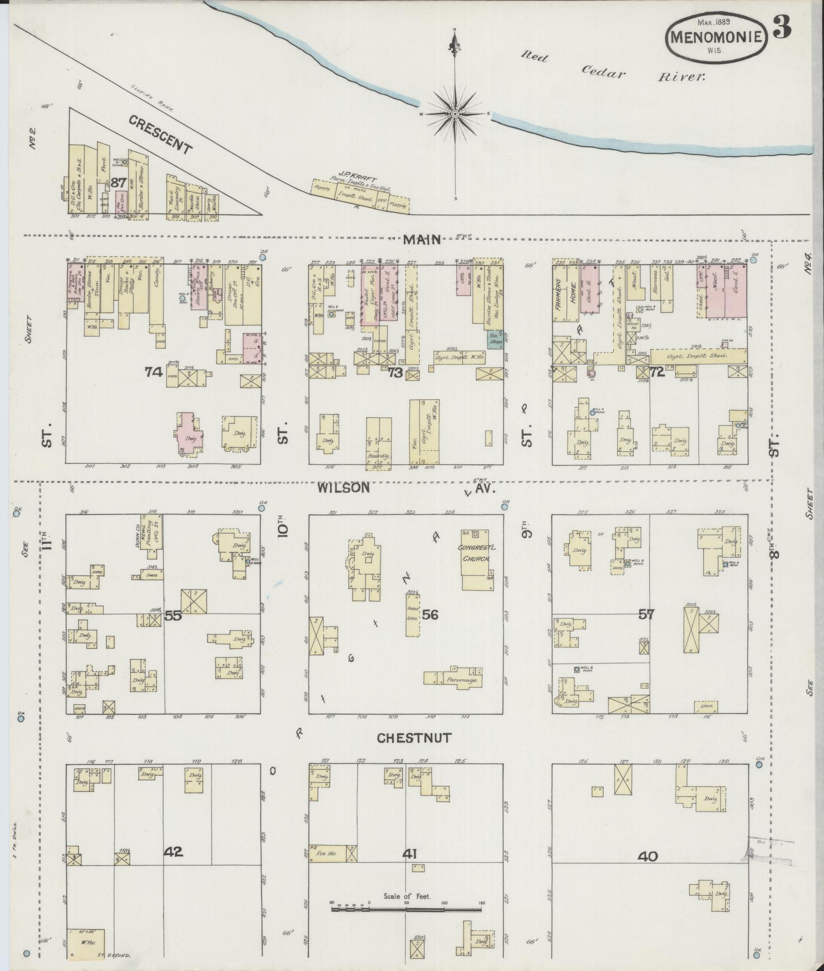 Sanborn Fire Insurance Map from Menomonie, Dunn County, Wisconsin (1889), Sheet #0003 - Complete Map Set gallery image, historic Sanborn map, vintage wall art, Wisconsin Wisconsin