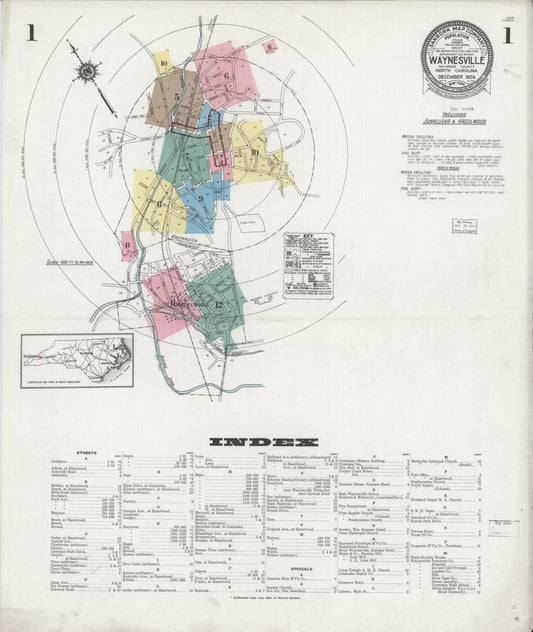Sanborn Fire Insurance Map from Waynesville, Haywood County, North Carolina (1924), Sheet #0001 - Complete Map Set gallery image, historic Sanborn map, vintage wall art, North Carolina North Carolina