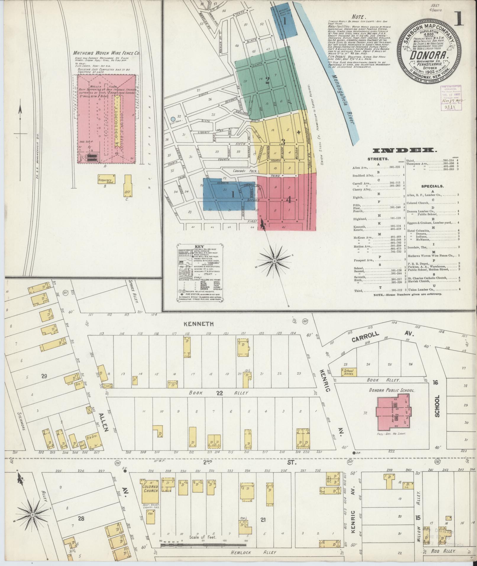 Sanborn Fire Insurance Map from Donora, Washington County, Pennsylvania (1902), Sheet #0001 - Historic Sanborn Fire Insurance Map Print, vintage old map wall art, antique decor, genealogy gift, Pennsylvania Pennsylvania map