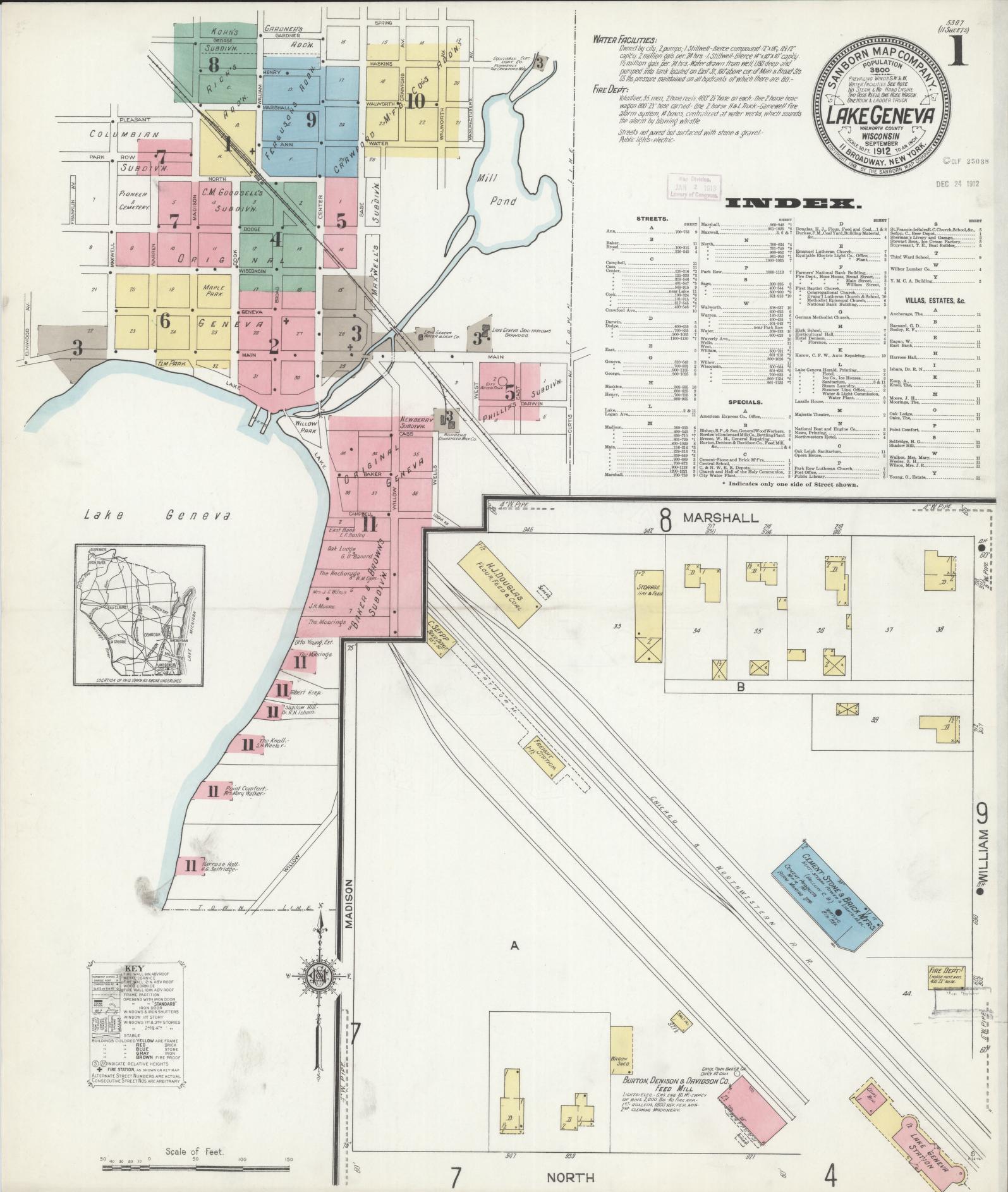 Sanborn Fire Insurance Map from Lake Geneva, Walworth County, Wisconsin (1912), Sheet #0001 - Historic Sanborn Fire Insurance Map Print, vintage old map wall art, antique decor, genealogy gift, Wisconsin Wisconsin map
