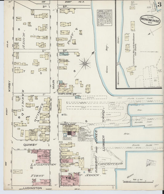 Sanborn Fire Insurance Map from Menominee, Menominee County, Michigan (1884), Sheet #0003 - Historic Sanborn Fire Insurance Map Print, vintage old map wall art, antique decor, genealogy gift, Michigan Michigan map