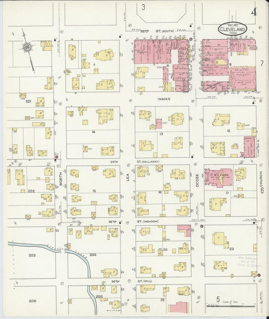 Sanborn Fire Insurance Map from Cleveland, Bradley County, Tennessee (1912), Sheet #0004 - Historic Sanborn Fire Insurance Map Print, vintage old map wall art, antique decor, genealogy gift, Tennessee Tennessee map