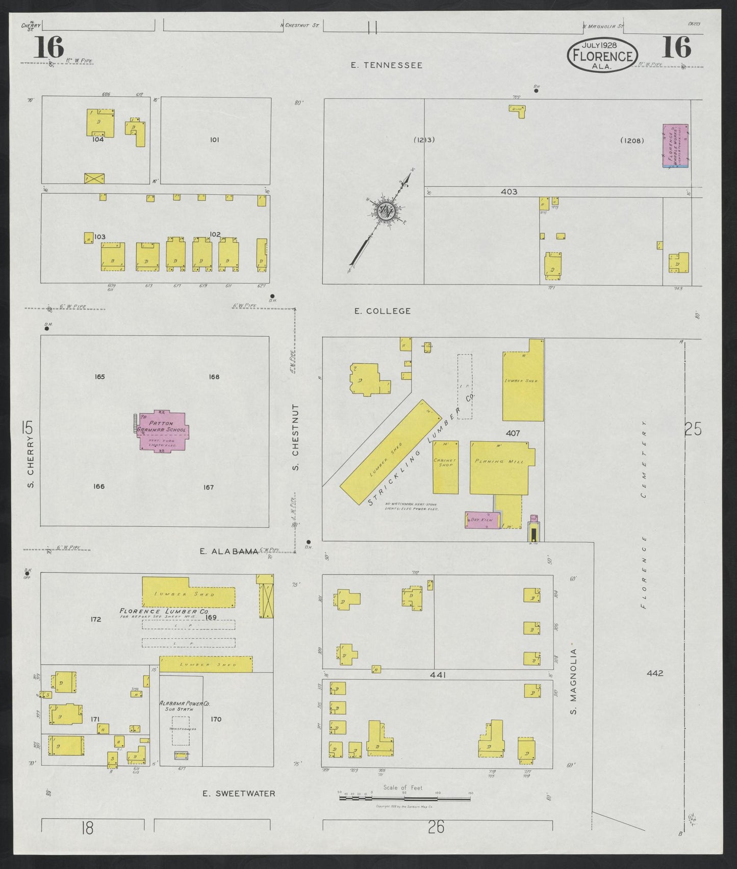 Sanborn Fire Insurance Map from Florence, Lauderdale County, Alabama (1928), Sheet #0016 - Historic Sanborn Fire Insurance Map Print, vintage old map wall art, antique decor, genealogy gift, Alabama Alabama map