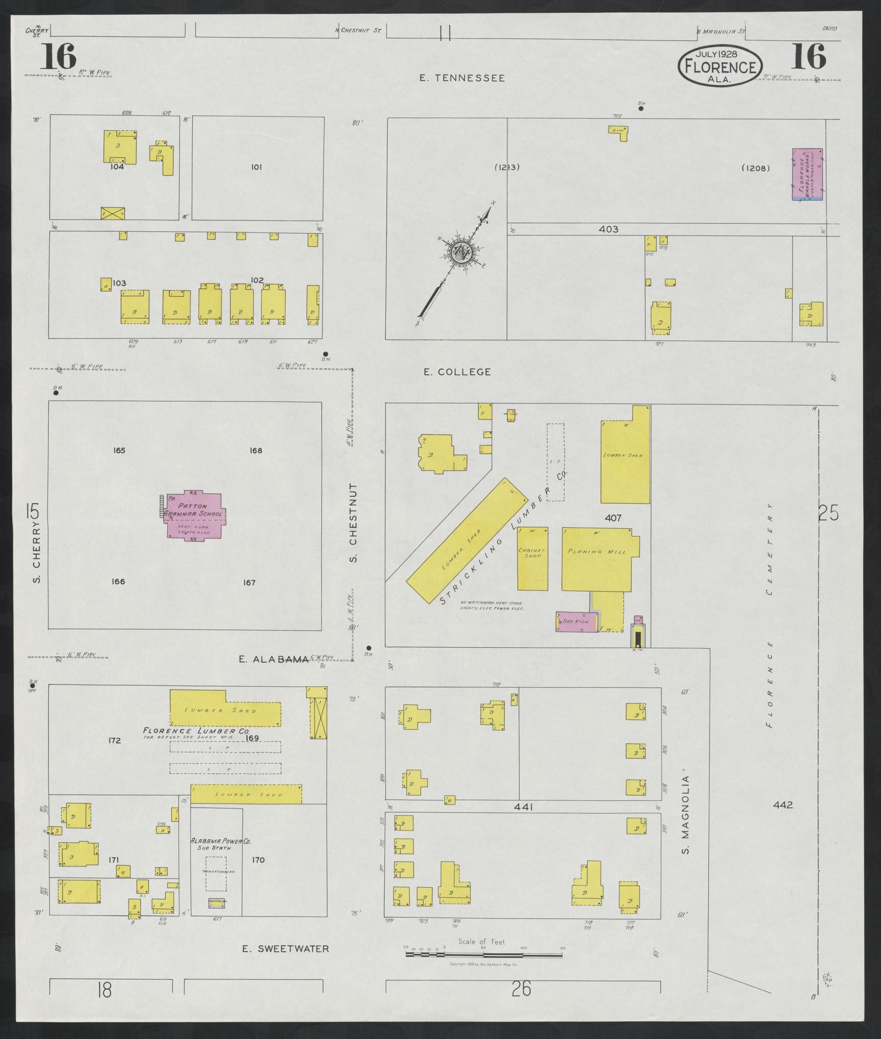 Sanborn Fire Insurance Map from Florence, Lauderdale County, Alabama (1928), Sheet #0016 - Historic Sanborn Fire Insurance Map Print, vintage old map wall art, antique decor, genealogy gift, Alabama Alabama map