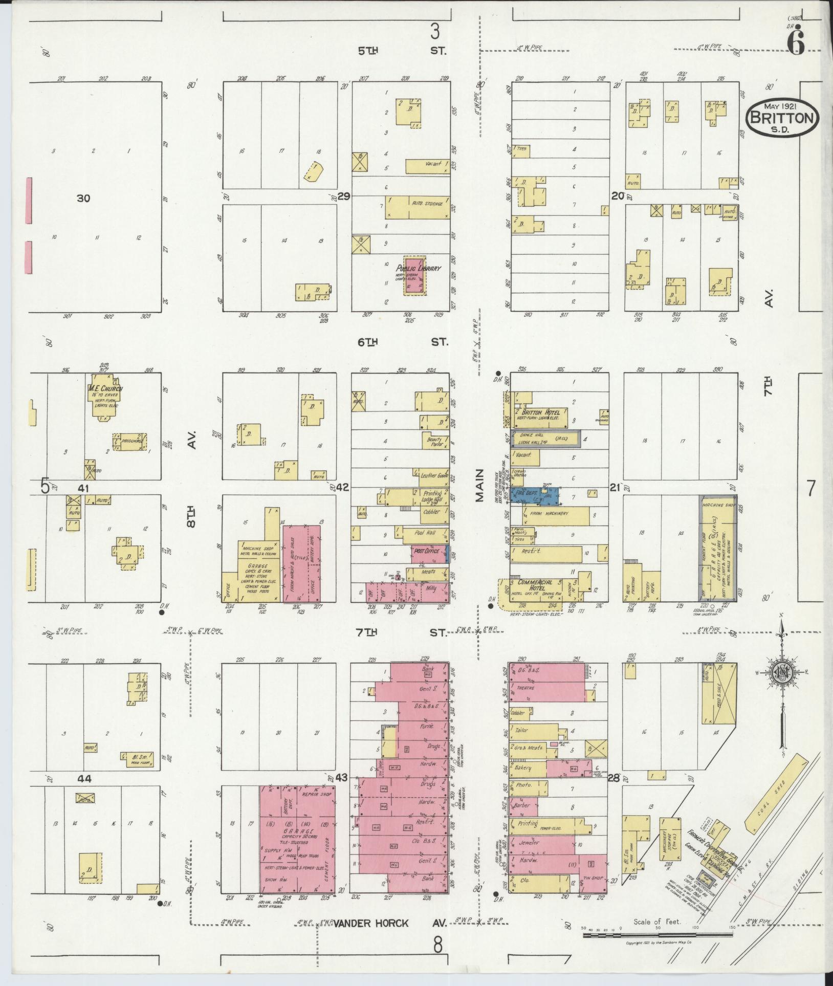 Sanborn Fire Insurance Map from Britton, Marshall County, South Dakota (1921), Sheet #0006 - Historic Sanborn Fire Insurance Map Print, vintage old map wall art, antique decor, genealogy gift, South Dakota South Dakota map