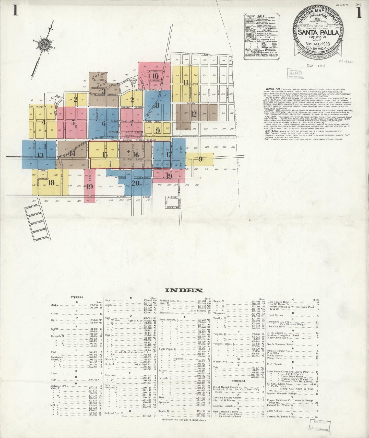 Sanborn Fire Insurance Map from Santa Paula, Ventura County, California (1923), Sheet #0001 - Complete Map Set gallery image, historic Sanborn map, vintage wall art, California California