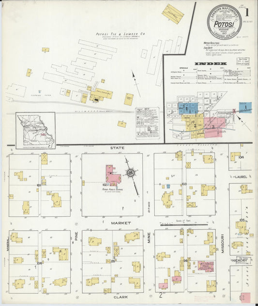 Sanborn Fire Insurance Map from Potosi, Washington County, Missouri (1917), Sheet #0001 - Historic Sanborn Fire Insurance Map Print, vintage old map wall art, antique decor, genealogy gift, Missouri Missouri map