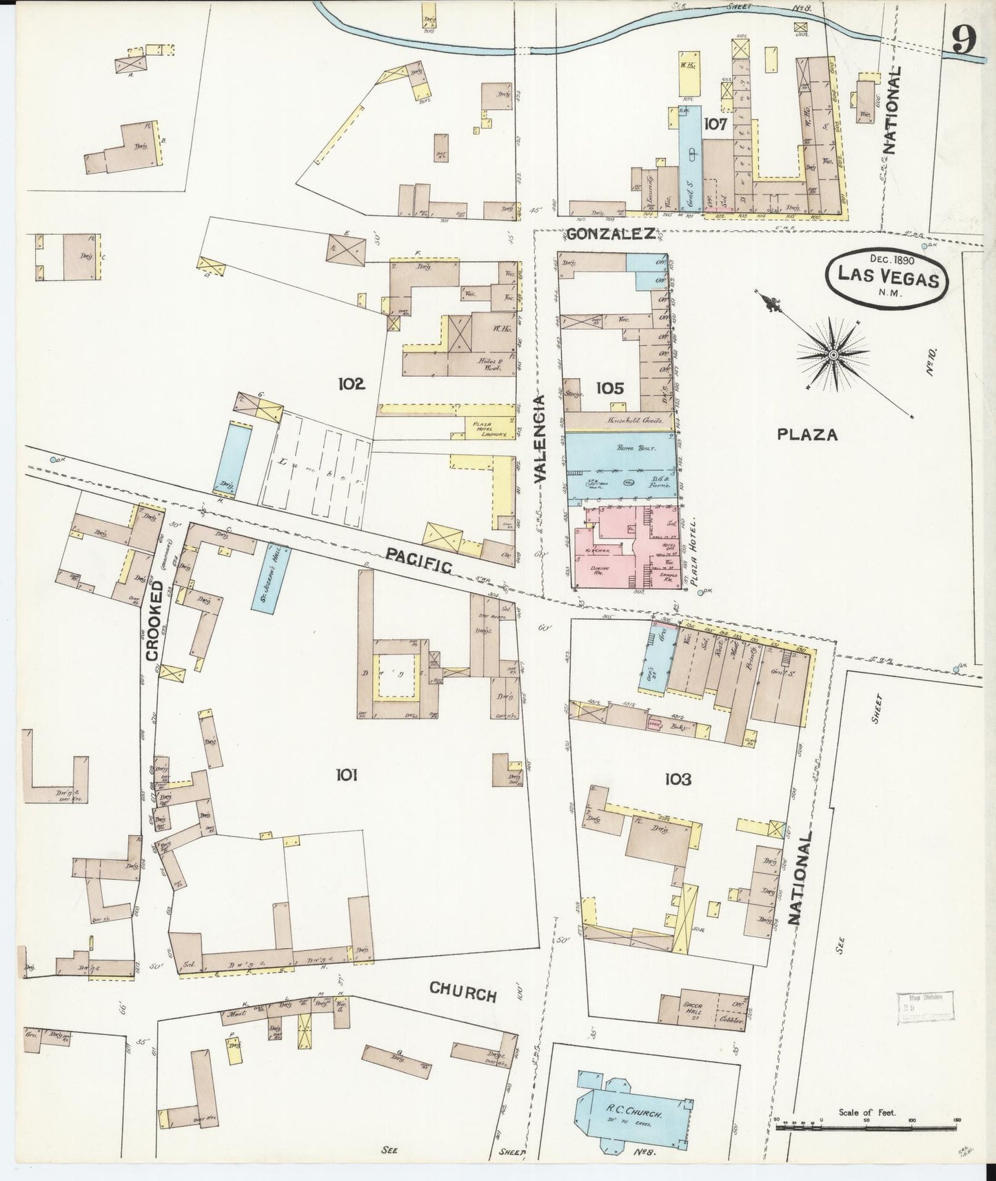 Sanborn Fire Insurance Map from Las Vegas, San Miguel County, New Mexico (1890), Sheet #0009 - Historic Sanborn Fire Insurance Map Print, vintage old map wall art, antique decor, genealogy gift, New Mexico New Mexico map