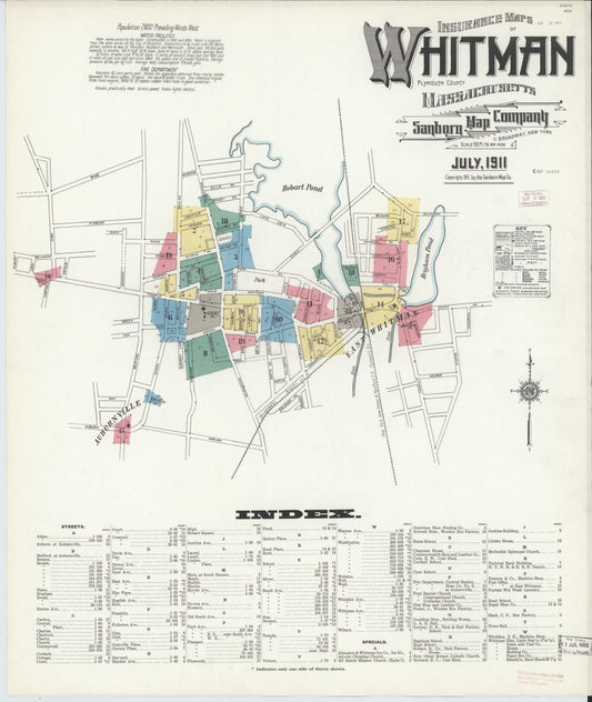 Sanborn Fire Insurance Map from Whitman, Plymouth County, Massachusetts (1911), Sheet #0001 - Historic Sanborn Fire Insurance Map Print, vintage old map wall art, antique decor, genealogy gift, Massachusetts Massachusetts map