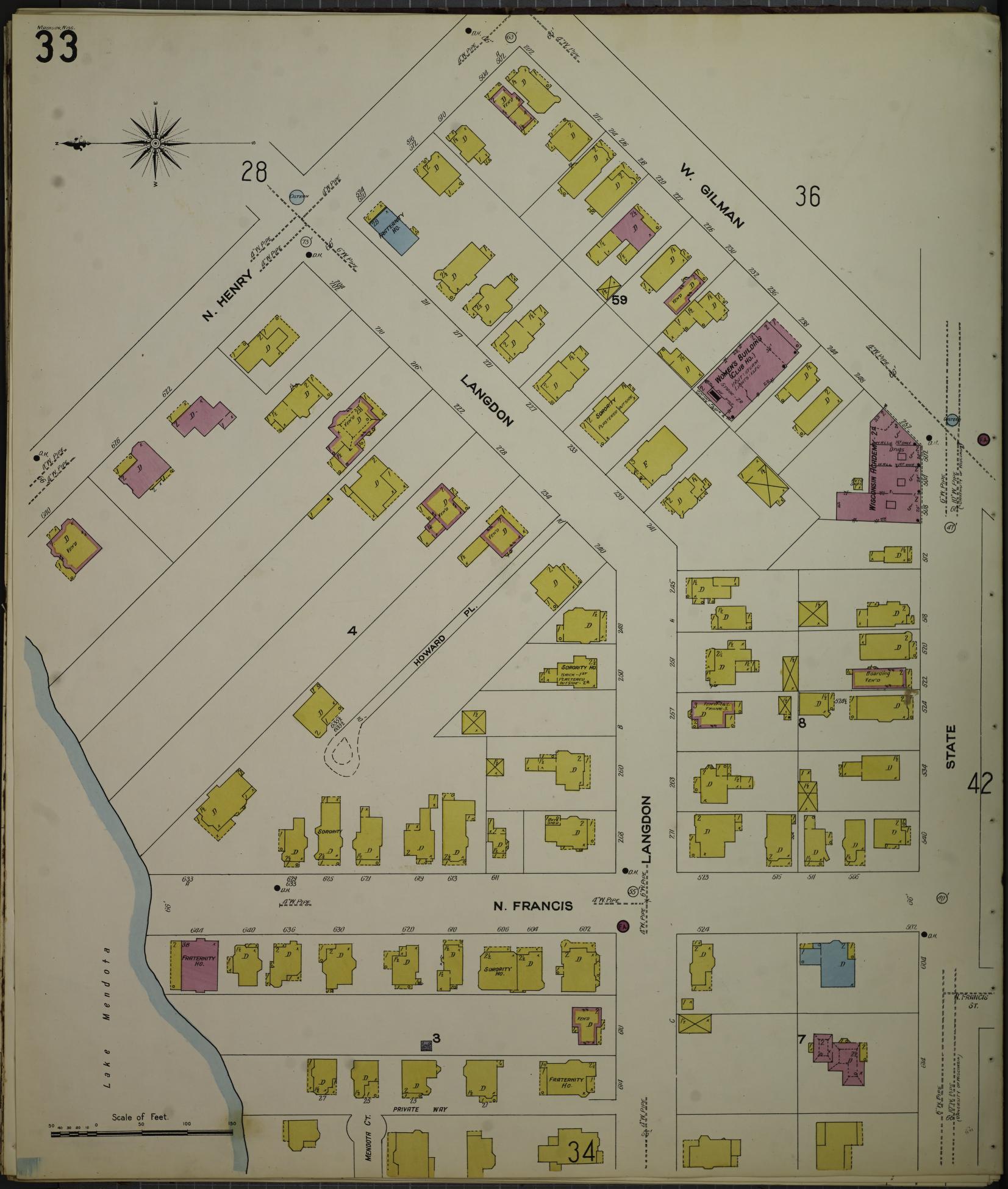 Sanborn Fire Insurance Map from Madison, Dane County, Wisconsin (1908), Sheet #0033 - Complete Map Set gallery image, historic Sanborn map, vintage wall art, Wisconsin Wisconsin