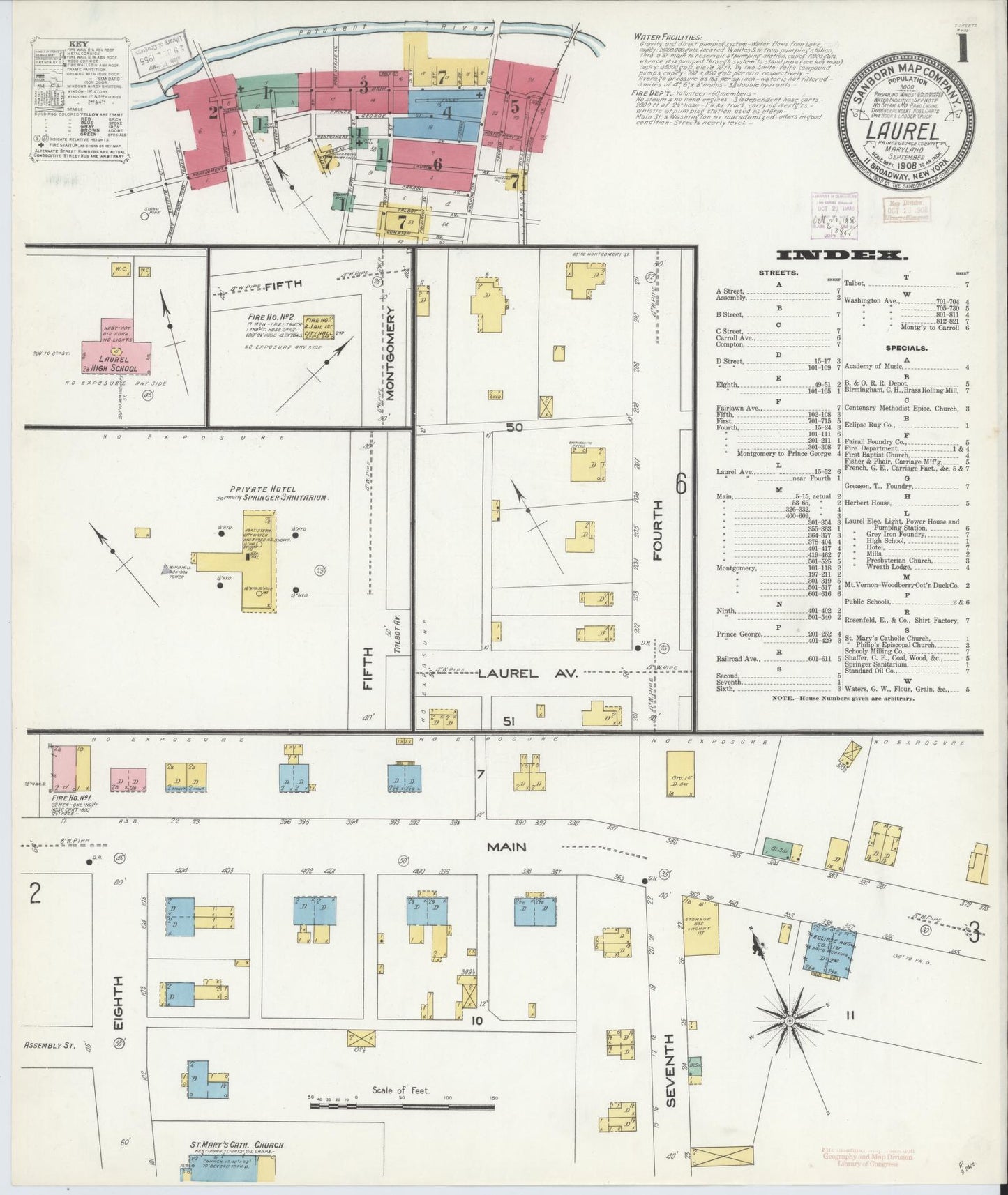 Sanborn Fire Insurance Map from Laurel, Prince Georges County, Maryland (1908), Sheet #0001 - Historic Sanborn Fire Insurance Map Print, vintage old map wall art