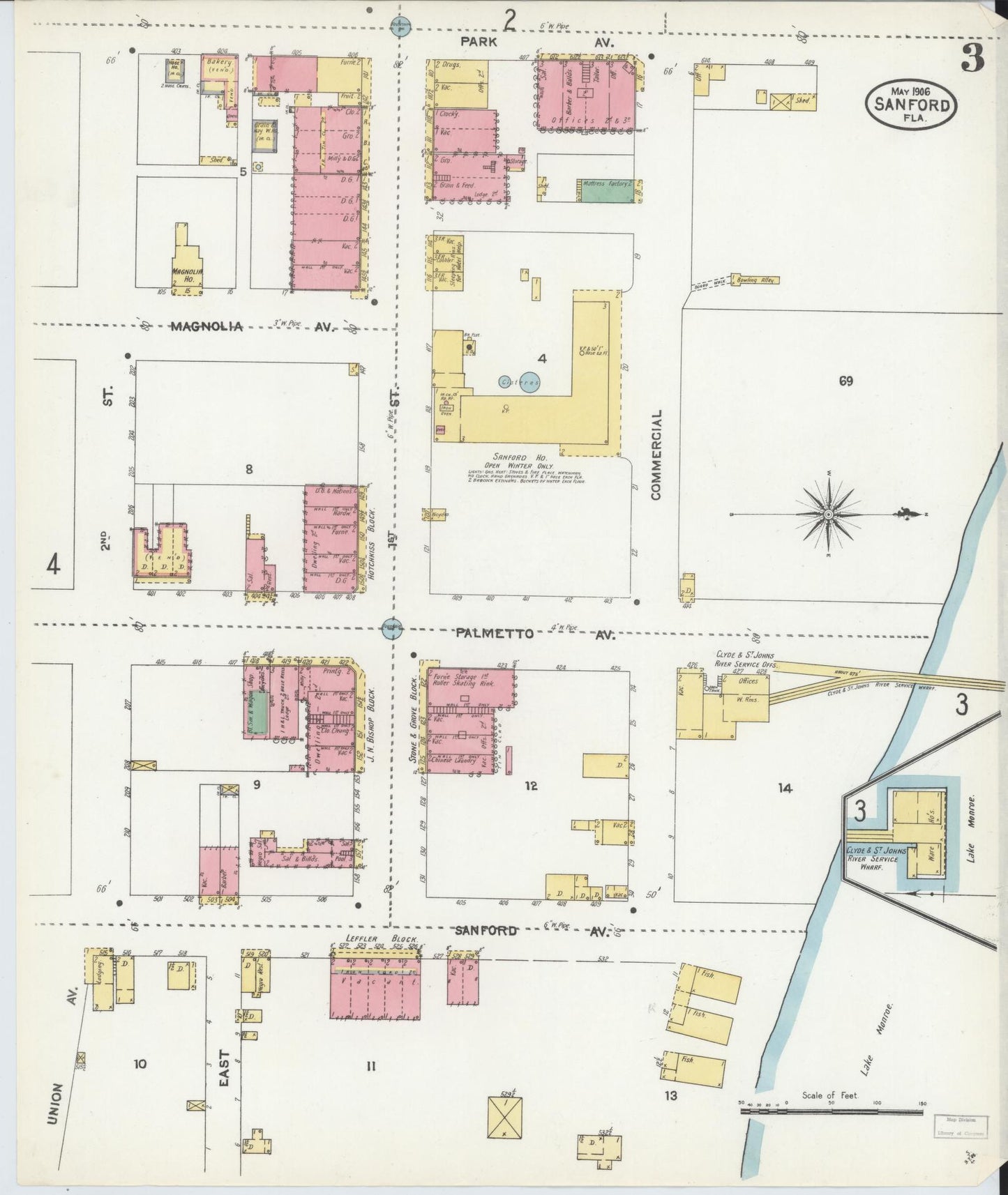 Sanborn Fire Insurance Map from Sanford, Seminole County, Florida (1906), Sheet #0003 - Complete Map Set gallery image, historic Sanborn map, vintage wall art, Florida Florida