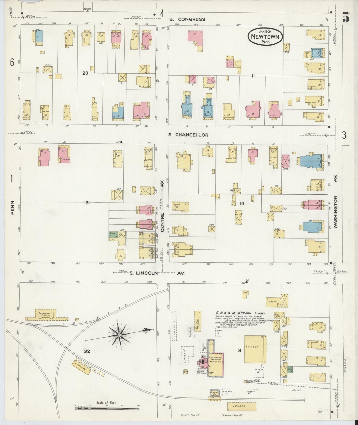 Sanborn Fire Insurance Map from Newtown, Bucks County, Pennsylvania (1909), Sheet #0005 - Complete Map Set gallery image, historic Sanborn map, vintage wall art, Pennsylvania Pennsylvania