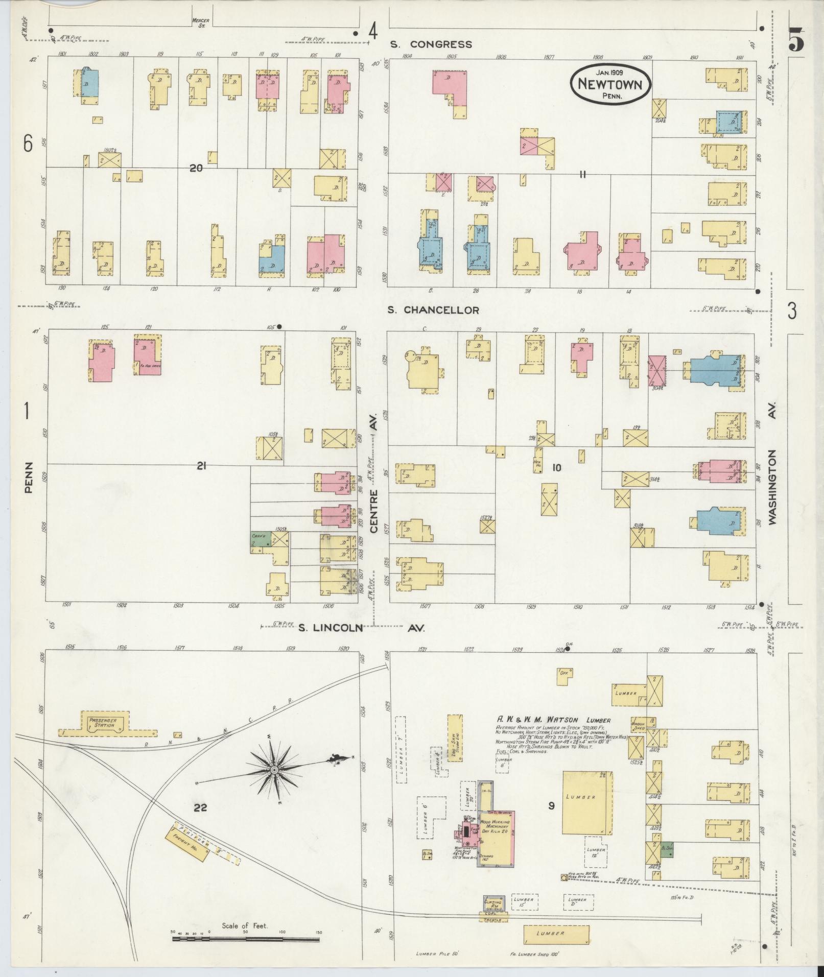 Sanborn Fire Insurance Map from Newtown, Bucks County, Pennsylvania (1909), Sheet #0005 - Complete Map Set gallery image, historic Sanborn map, vintage wall art, Pennsylvania Pennsylvania