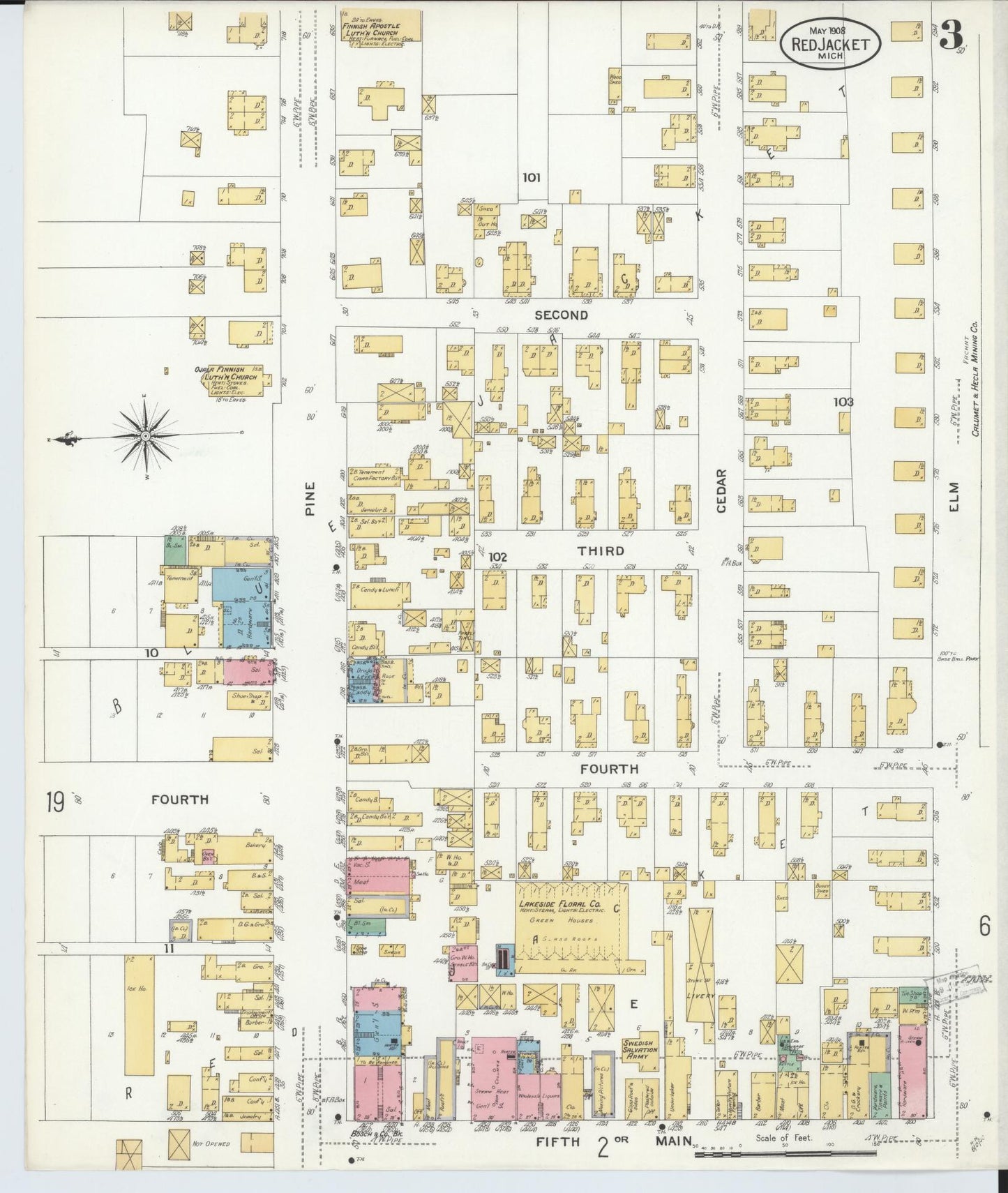Sanborn Fire Insurance Map from Red Jacket, Houghton County, Michigan (1908), Sheet #0003 - Complete Map Set gallery image, historic Sanborn map, vintage wall art, Michigan Michigan