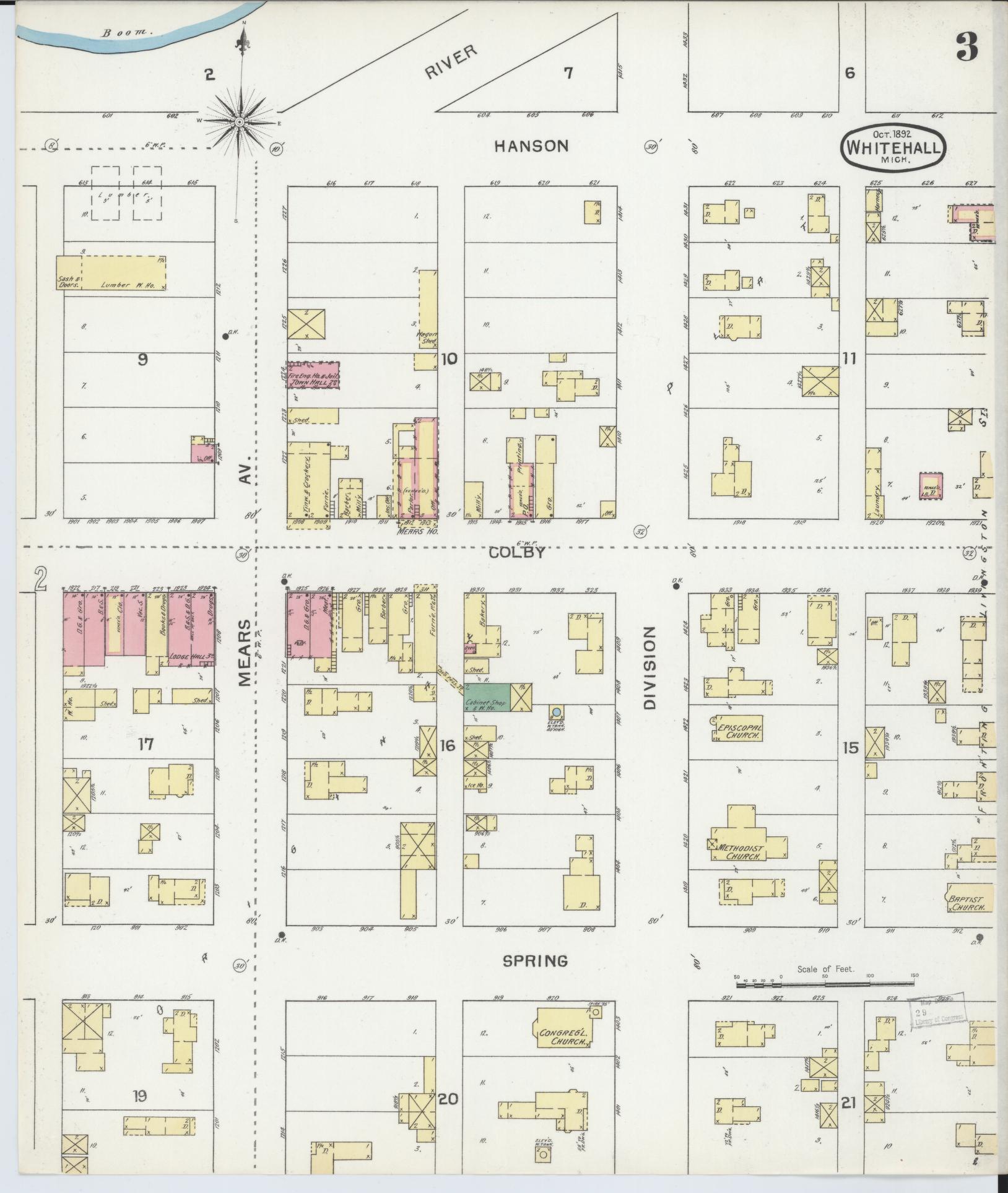 Sanborn Fire Insurance Map from Whitehall, Muskegon County, Michigan (1892), Sheet #0003 - Complete Map Set gallery image, historic Sanborn map, vintage wall art, Michigan Michigan