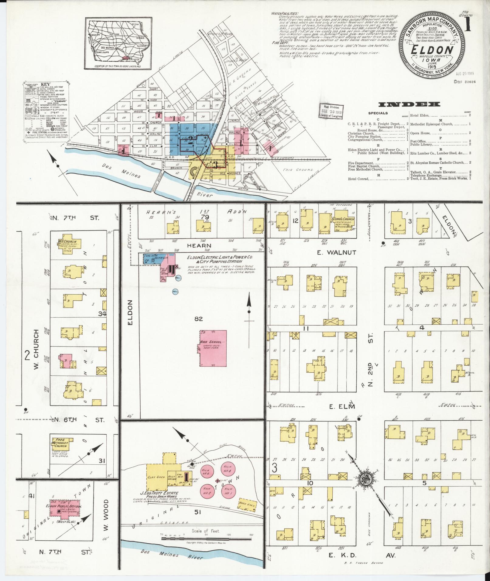 Sanborn Fire Insurance Map from Eldon, Wapello County, Iowa (1919), Sheet #0001 - Historic Sanborn Fire Insurance Map Print, vintage old map wall art