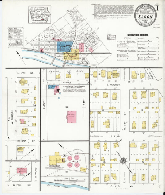 Sanborn Fire Insurance Map from Eldon, Wapello County, Iowa (1919), Sheet #0001 - Historic Sanborn Fire Insurance Map Print, vintage old map wall art