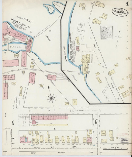 Sanborn Fire Insurance Map from Turners Falls, Franklin County, Massachusetts (1884), Sheet #0004 - Historic Sanborn Fire Insurance Map Print, vintage old map wall art, antique decor, genealogy gift, Massachusetts Massachusetts map