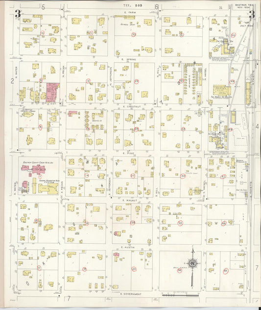 Sanborn Fire Insurance Map from Bastrop, Bastrop County, Texas (1944), Sheet #0003 - Historic Sanborn Fire Insurance Map Print, vintage old map wall art, antique decor, genealogy gift, Texas Texas map