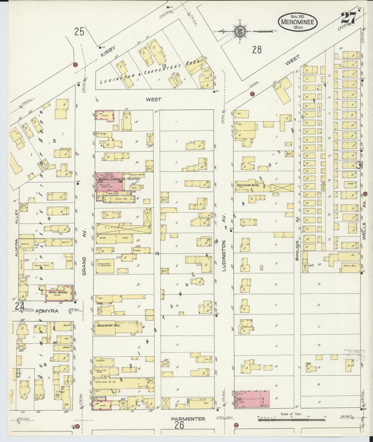 Sanborn Fire Insurance Map from Menominee, Menominee County, Michigan (1913), Sheet #0027 - Historic Sanborn Fire Insurance Map Print, vintage old map wall art, antique decor, genealogy gift, Michigan Michigan map