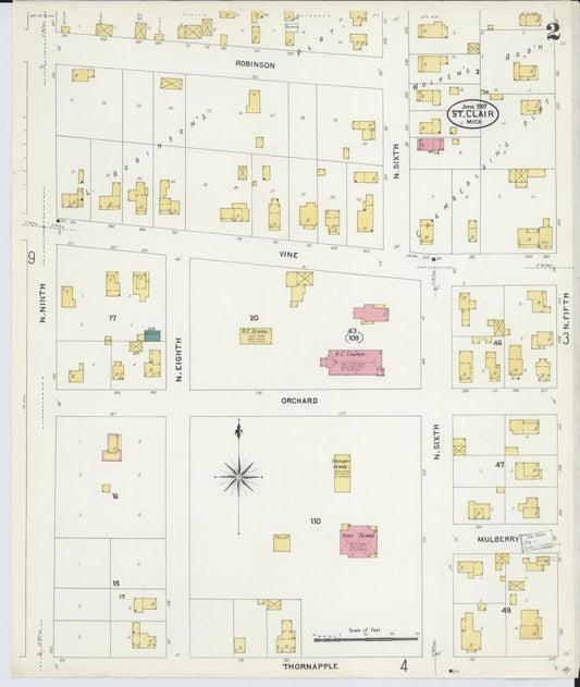 Sanborn Fire Insurance Map from Saint Clair, Saint Clair County, Michigan (1907), Sheet #0002 - Historic Sanborn Fire Insurance Map Print, vintage old map wall art, antique decor, genealogy gift, Michigan Michigan map