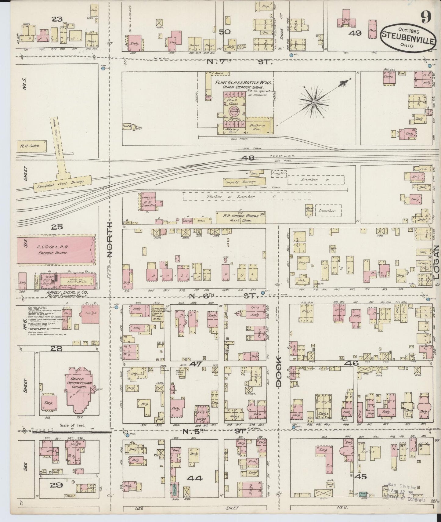 Sanborn Fire Insurance Map from Steubenville, Jefferson County, Ohio (1885), Sheet #0009 - Complete Map Set gallery image, historic Sanborn map, vintage wall art, Ohio Ohio