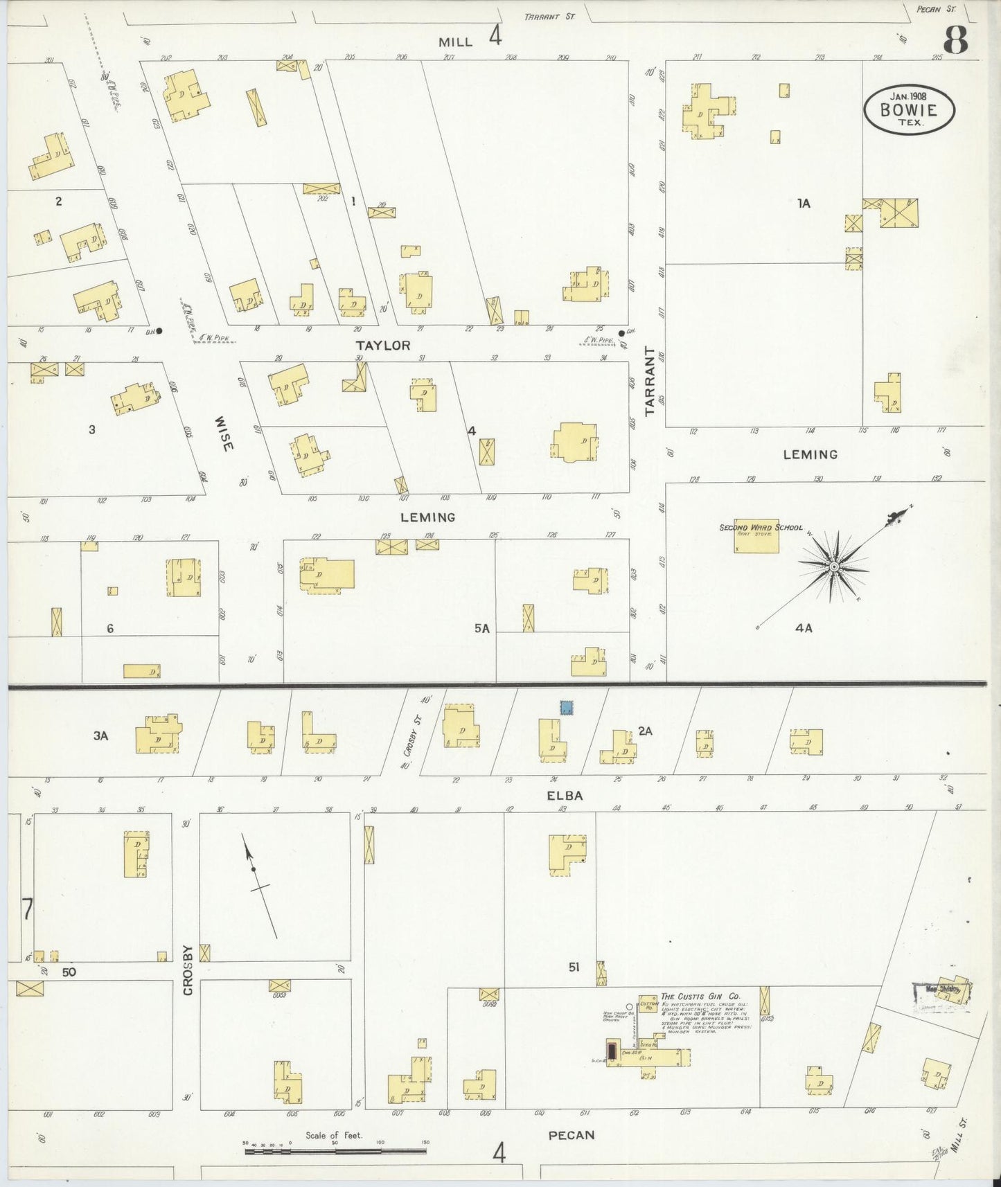 Sanborn Fire Insurance Map from Bowie, Montague County, Texas (1908), Sheet #0008 - Historic Sanborn Fire Insurance Map Print, vintage old map wall art, antique decor, genealogy gift, Texas Texas map