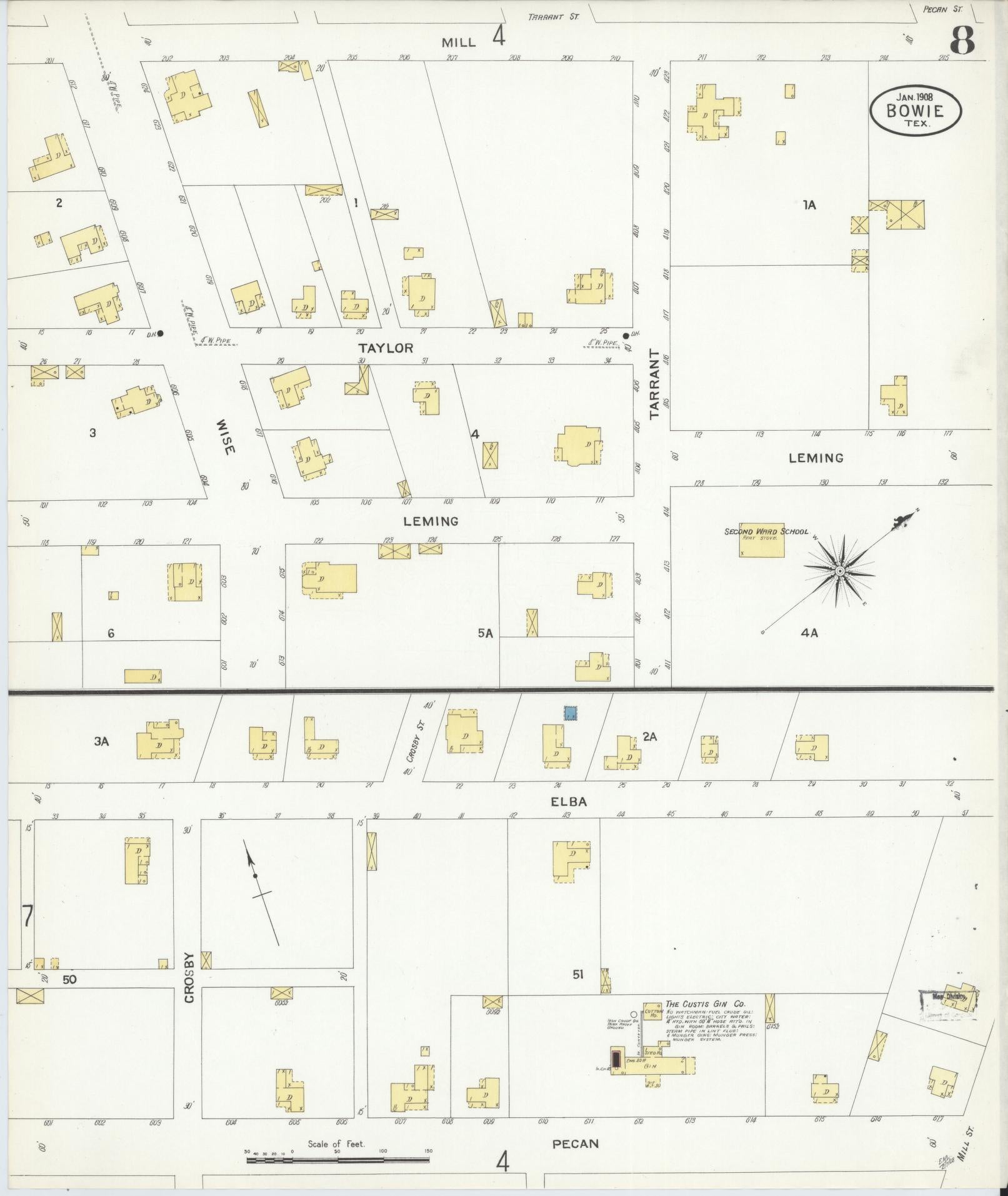 Sanborn Fire Insurance Map from Bowie, Montague County, Texas (1908), Sheet #0008 - Historic Sanborn Fire Insurance Map Print, vintage old map wall art, antique decor, genealogy gift, Texas Texas map