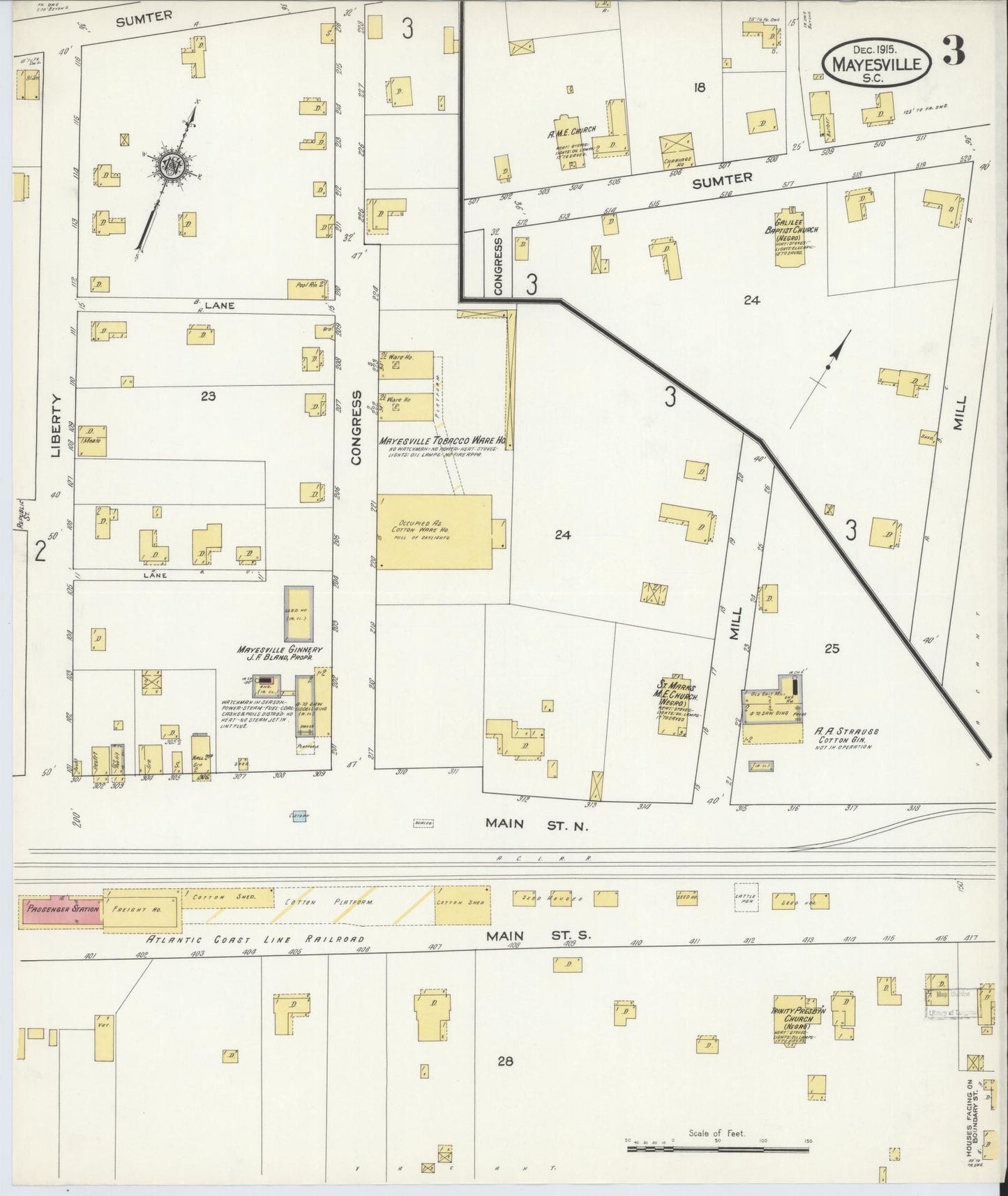 Sanborn Fire Insurance Map from Mayesville, Sumter County, South Carolina (1915), Sheet #0003 - Complete Map Set gallery image, historic Sanborn map, vintage wall art, South Carolina South Carolina