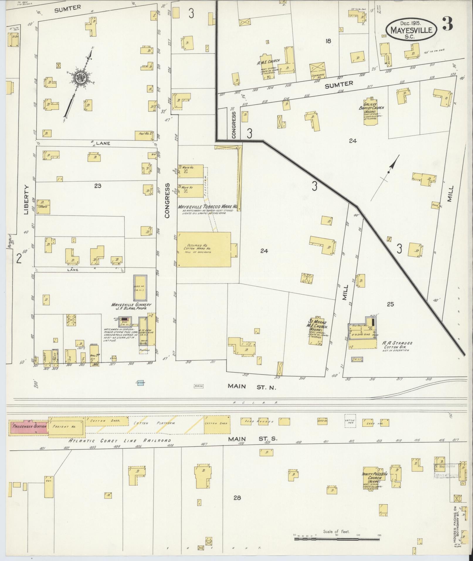 Sanborn Fire Insurance Map from Mayesville, Sumter County, South Carolina (1915), Sheet #0003 - Complete Map Set gallery image, historic Sanborn map, vintage wall art, South Carolina South Carolina
