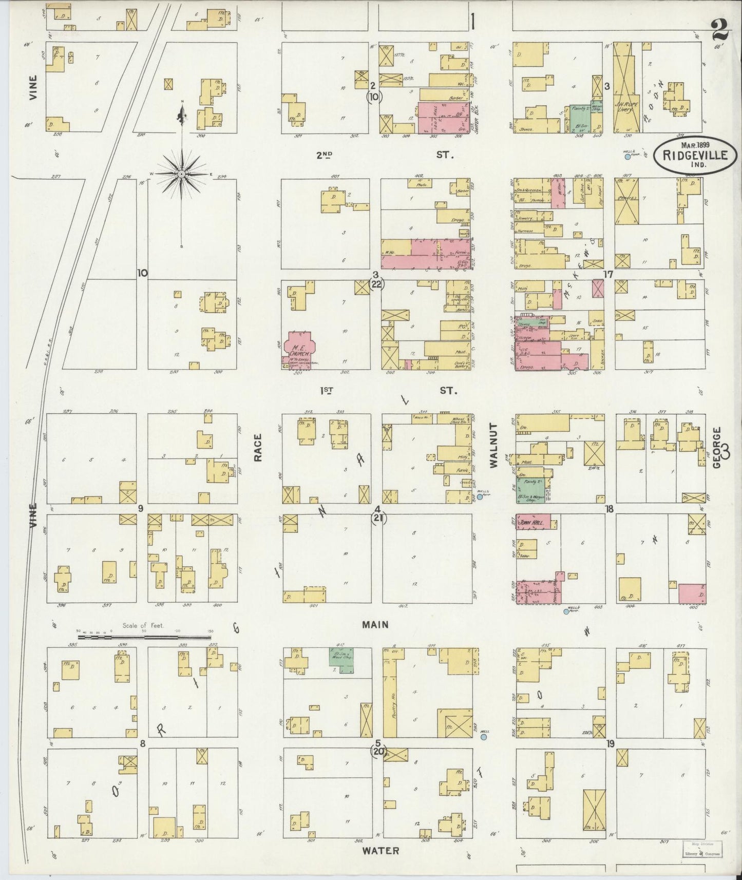 Sanborn Fire Insurance Map from Ridgeville, Randolph County, Indiana (1899), Sheet #0002 - Complete Map Set gallery image, historic Sanborn map, vintage wall art, Indiana Indiana