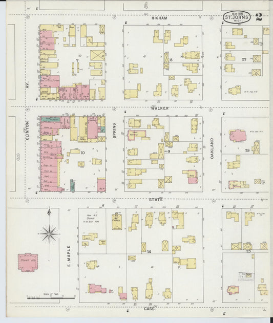 Sanborn Fire Insurance Map from Saint Johns, Clinton County, Michigan (1895), Sheet #0002 - Historic Sanborn Fire Insurance Map Print, vintage old map wall art, antique decor, genealogy gift, Michigan Michigan map