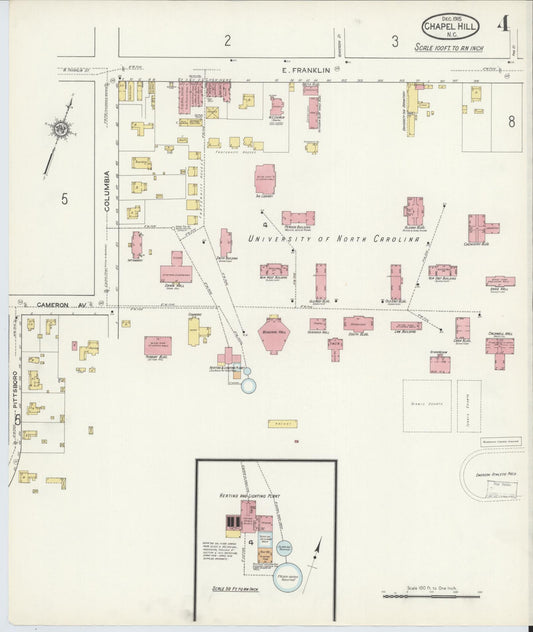 Sanborn Fire Insurance Map from Chapel Hill, Orange County, North Carolina (1915), Sheet #0004 - Historic Sanborn Fire Insurance Map Print, vintage old map wall art, antique decor, genealogy gift, North Carolina North Carolina map