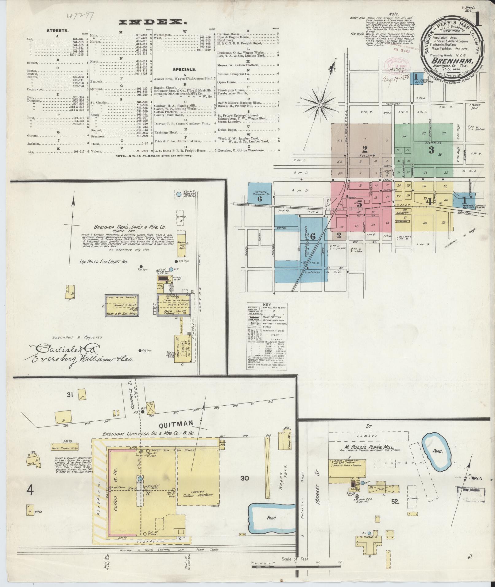 Sanborn Fire Insurance Map from Brenham, Washington County, Texas (1896), Sheet #0001 - Historic Sanborn Fire Insurance Map Print, vintage old map wall art, antique decor, genealogy gift, Texas Texas map