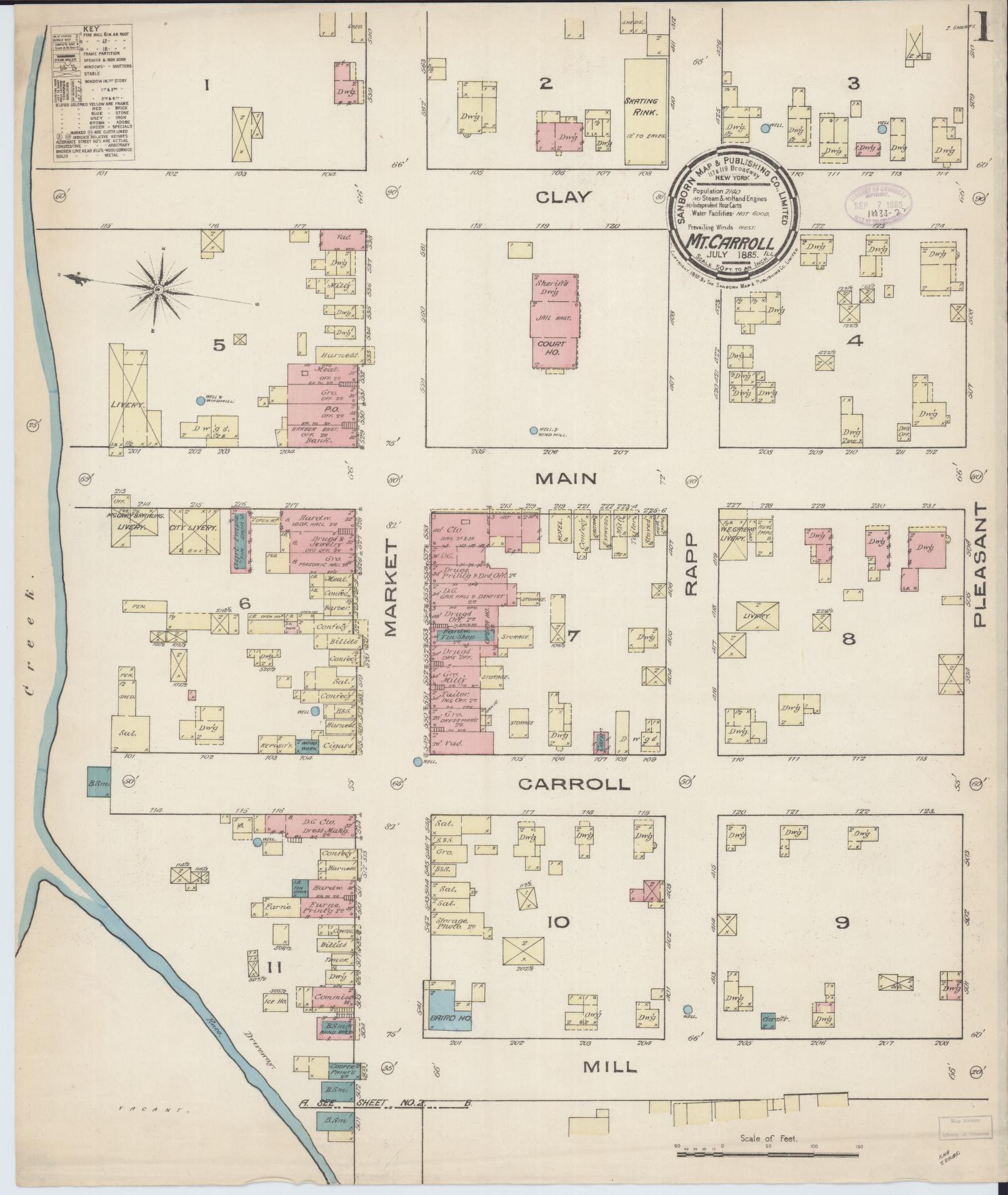 Sanborn Fire Insurance Map from Mount Carroll, Carroll County, Illinois (1885), Sheet #0001 - Complete Map Set gallery image, historic Sanborn map, vintage wall art, Illinois Illinois