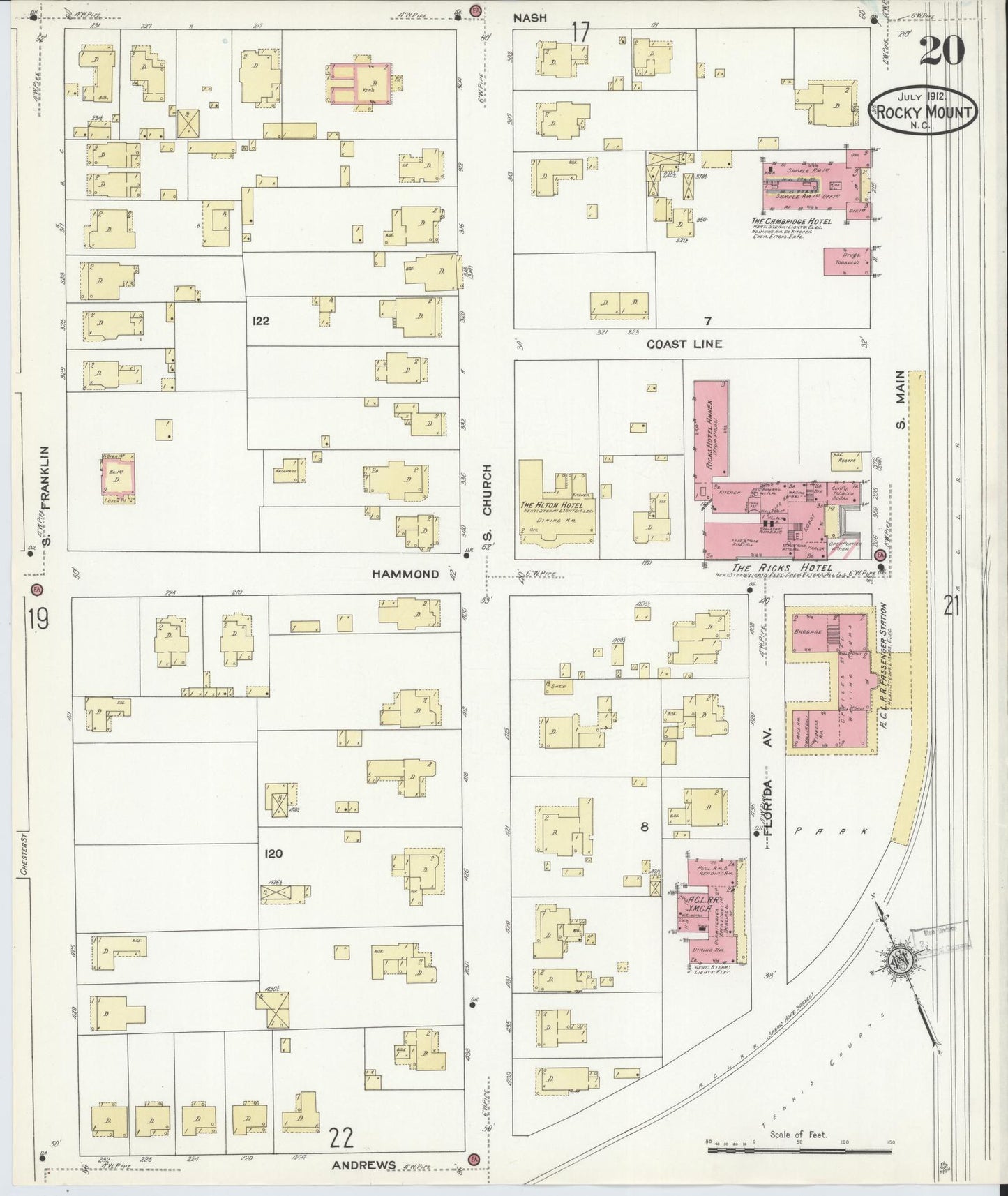 Sanborn Fire Insurance Map from Rocky Mount, Edgecombe And Nash Counties, North Carolina (1912), Sheet #0020 - Historic Sanborn Fire Insurance Map Print, vintage old map wall art, antique decor, genealogy gift, North Carolina North Carolina map