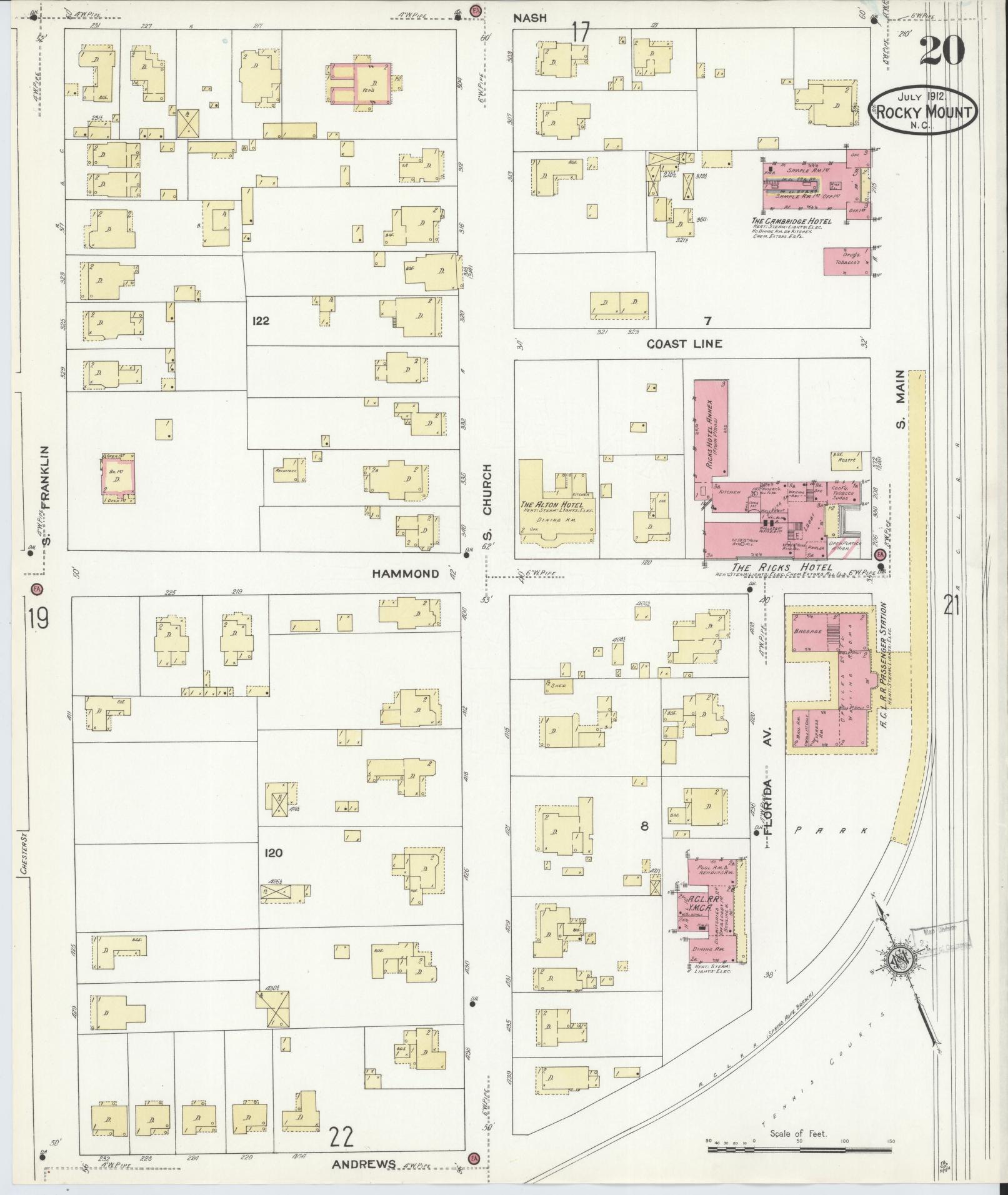 Sanborn Fire Insurance Map from Rocky Mount, Edgecombe And Nash Counties, North Carolina (1912), Sheet #0020 - Historic Sanborn Fire Insurance Map Print, vintage old map wall art, antique decor, genealogy gift, North Carolina North Carolina map