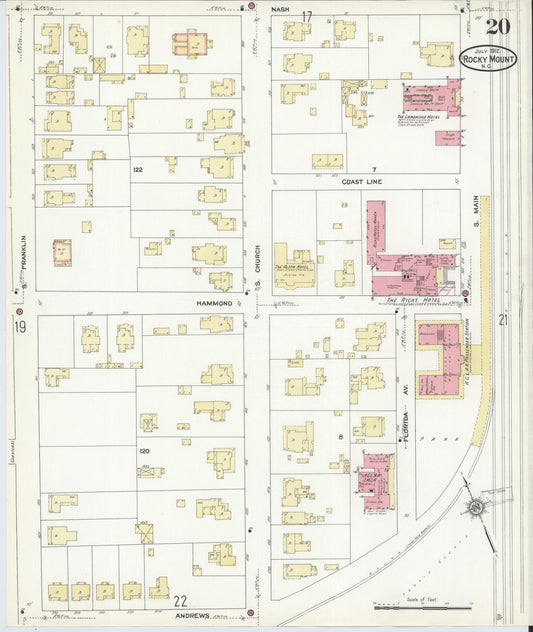 Sanborn Fire Insurance Map from Rocky Mount, Edgecombe And Nash Counties, North Carolina (1912), Sheet #0020 - Historic Sanborn Fire Insurance Map Print, vintage old map wall art, antique decor, genealogy gift, North Carolina North Carolina map