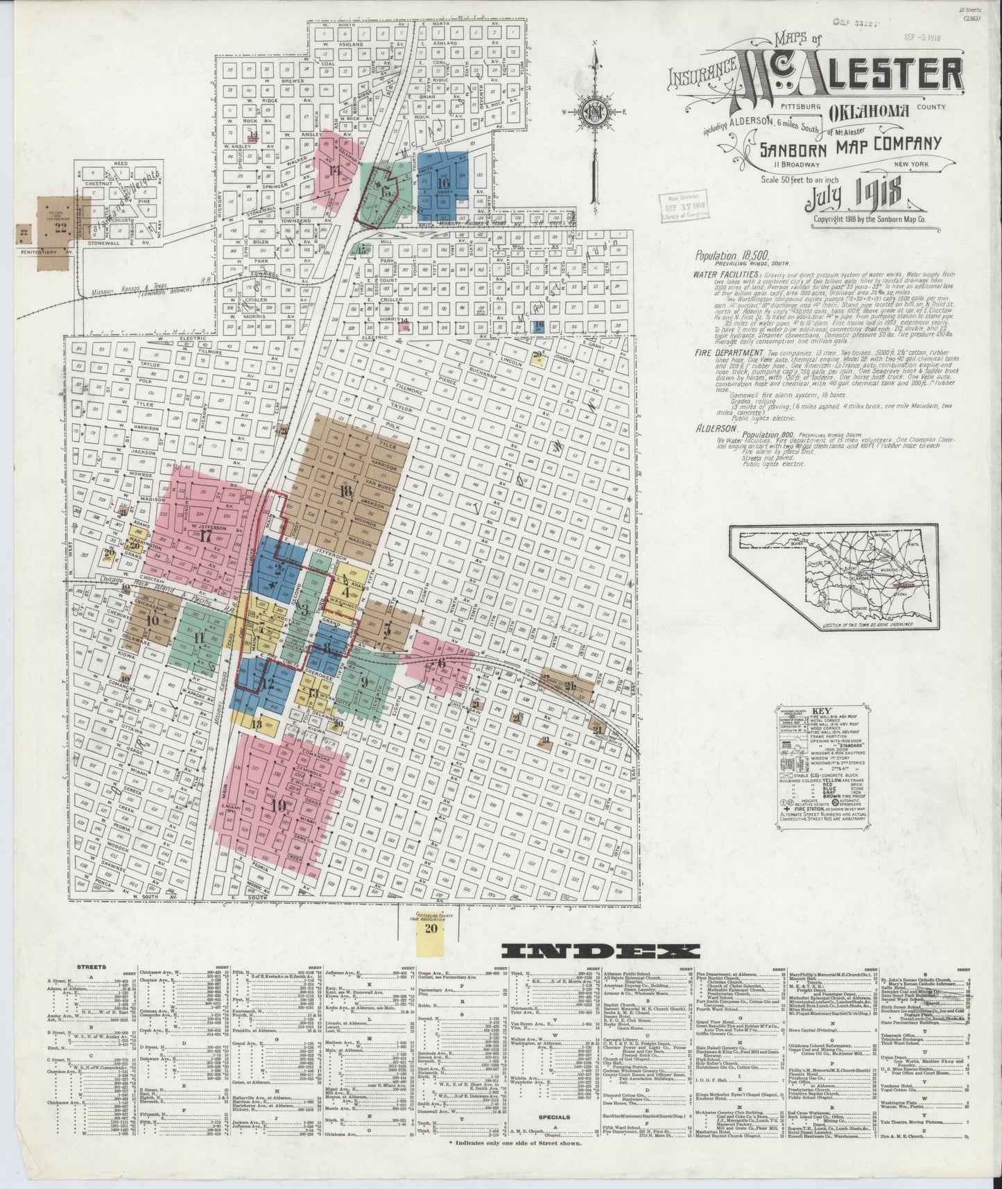 Sanborn Fire Insurance Map from McAlester, Pittsburg County, Oklahoma (1918), Sheet #0001 - Historic Sanborn Fire Insurance Map Print, vintage old map wall art, antique decor, genealogy gift, Oklahoma Oklahoma map