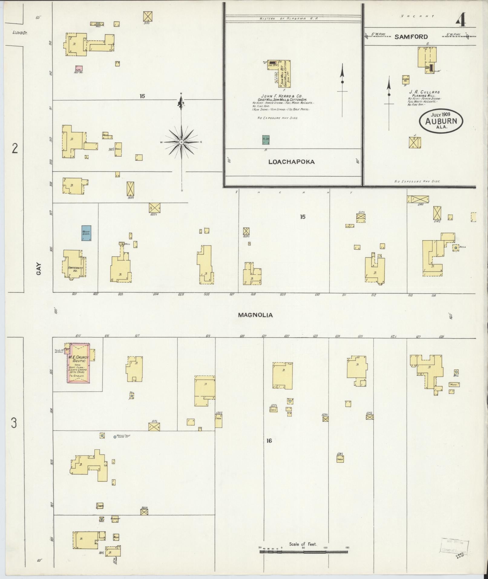 Sanborn Fire Insurance Map from Auburn, Lee County, Alabama (1909), Sheet #0004 - Historic Sanborn Fire Insurance Map Print, vintage old map wall art, antique decor, genealogy gift, Alabama Alabama map