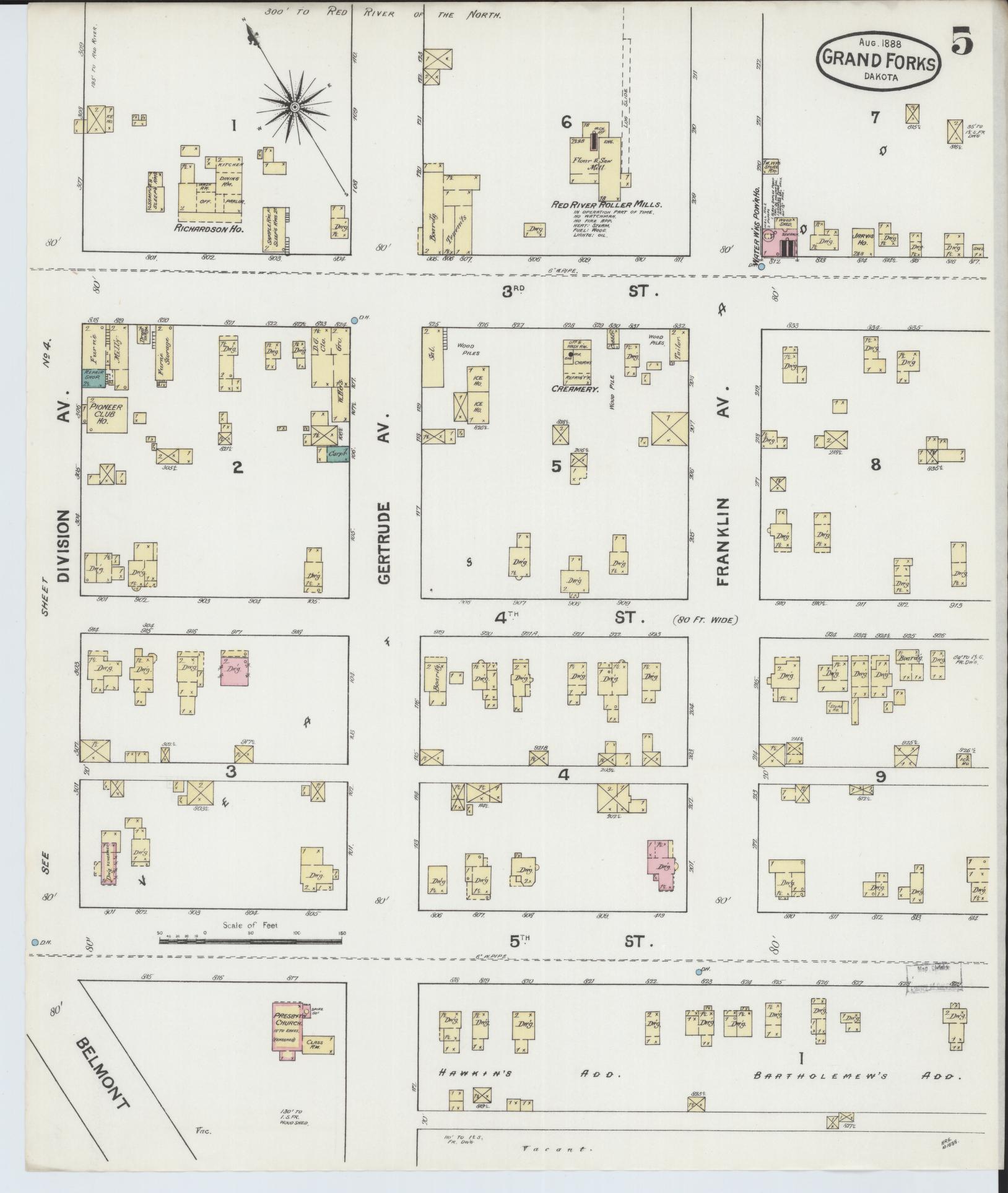 Sanborn Fire Insurance Map from Grand Forks, Grand Forks County, North Dakota (1888), Sheet #0005 - Historic Sanborn Fire Insurance Map Print, vintage old map wall art, antique decor, genealogy gift, North Dakota North Dakota map