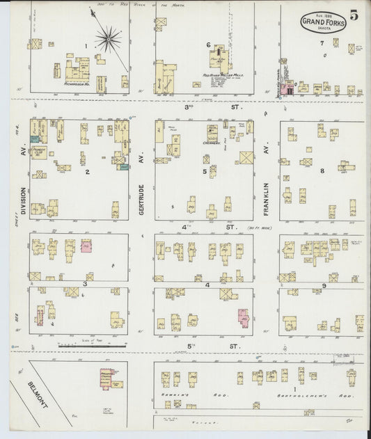 Sanborn Fire Insurance Map from Grand Forks, Grand Forks County, North Dakota (1888), Sheet #0005 - Historic Sanborn Fire Insurance Map Print, vintage old map wall art, antique decor, genealogy gift, North Dakota North Dakota map