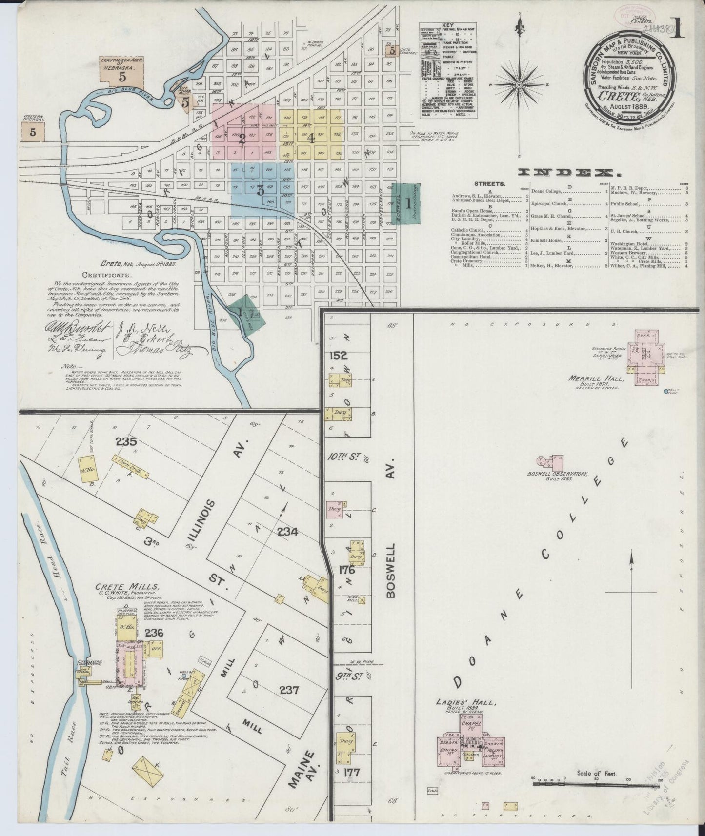 Sanborn Fire Insurance Map from Crete, Saline County, Nebraska (1889), Sheet #0001 - Historic Sanborn Fire Insurance Map Print, vintage old map wall art, antique decor, genealogy gift, Nebraska Nebraska map