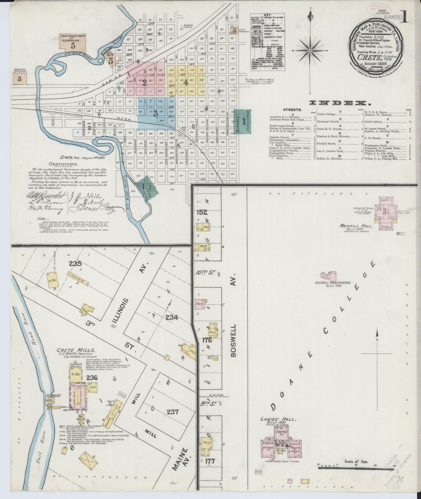 Sanborn Fire Insurance Map from Crete, Saline County, Nebraska (1889), Sheet #0001 - Historic Sanborn Fire Insurance Map Print, vintage old map wall art, antique decor, genealogy gift, Nebraska Nebraska map