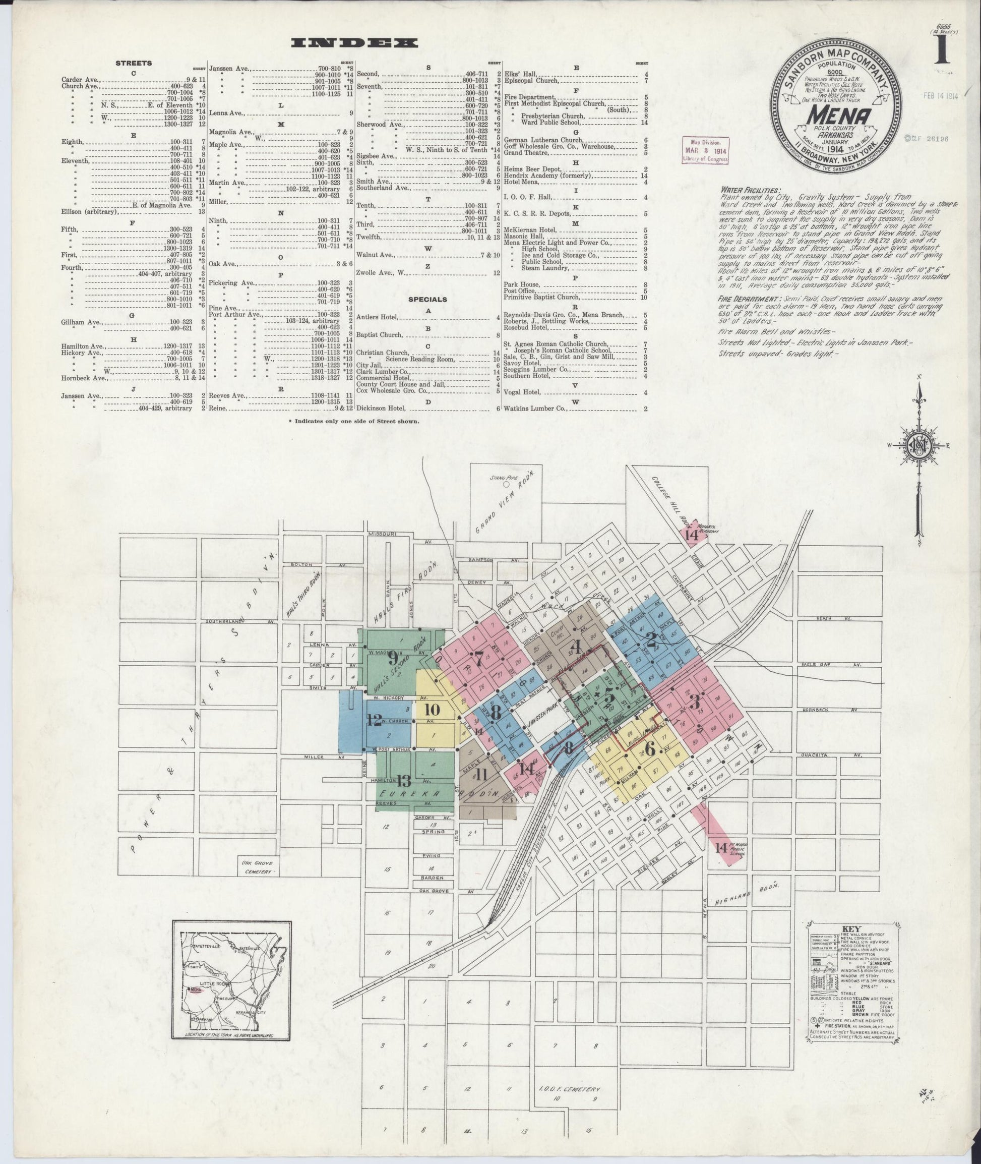 Sanborn Fire Insurance Map from Mena, Polk County, Arkansas (1914), Sheet #0001 - Historic Sanborn Fire Insurance Map Print, vintage old map wall art, antique decor, genealogy gift, Arkansas Arkansas map