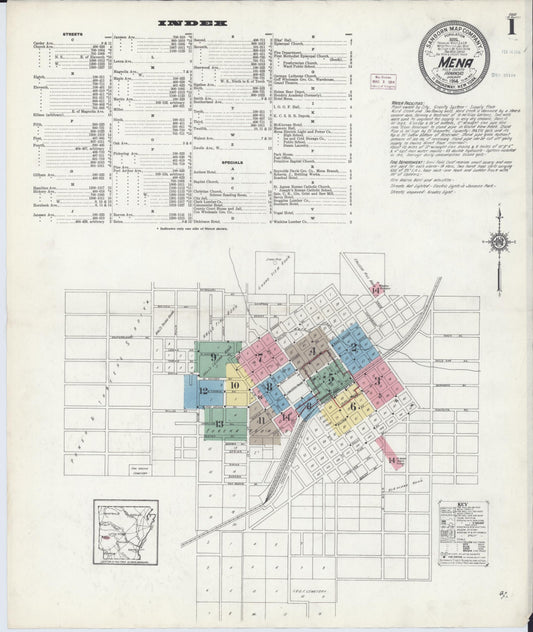 Sanborn Fire Insurance Map from Mena, Polk County, Arkansas (1914), Sheet #0001 - Historic Sanborn Fire Insurance Map Print, vintage old map wall art, antique decor, genealogy gift, Arkansas Arkansas map