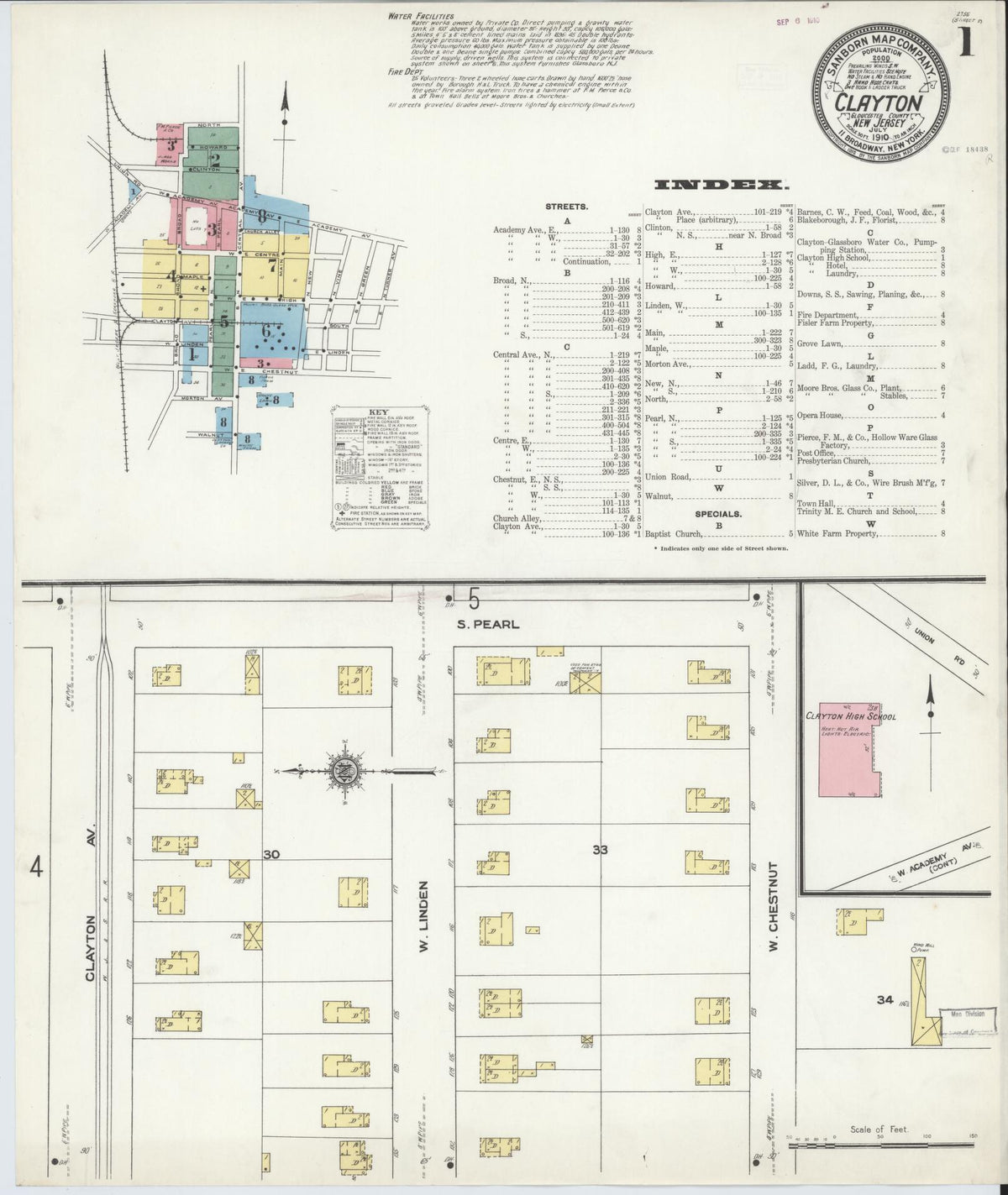 Sanborn Fire Insurance Map from Clayton, Gloucester County, New Jersey (1910), Sheet #0001 - Historic Sanborn Fire Insurance Map Print, vintage old map wall art, antique decor, genealogy gift, New Jersey New Jersey map