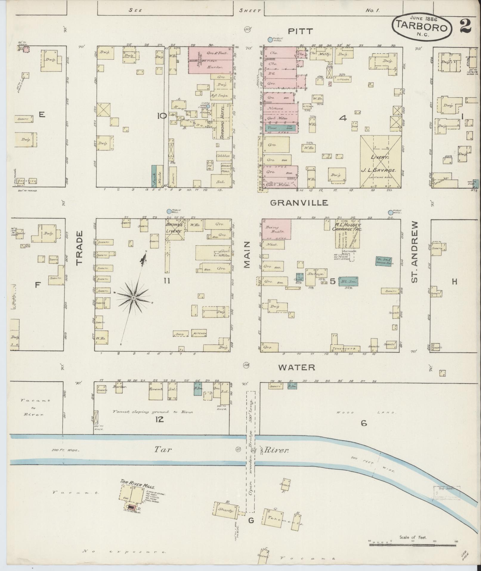 Sanborn Fire Insurance Map from Tarboro, Edgecombe County, North Carolina (1886), Sheet #0002 - Complete Map Set gallery image, historic Sanborn map, vintage wall art, North Carolina North Carolina